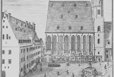 Thomaskirche, St Thomas Church and School, Leipzig, 1723 engraving