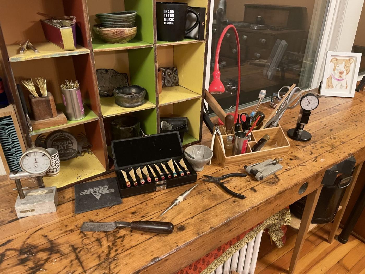 Sue's reed making desk