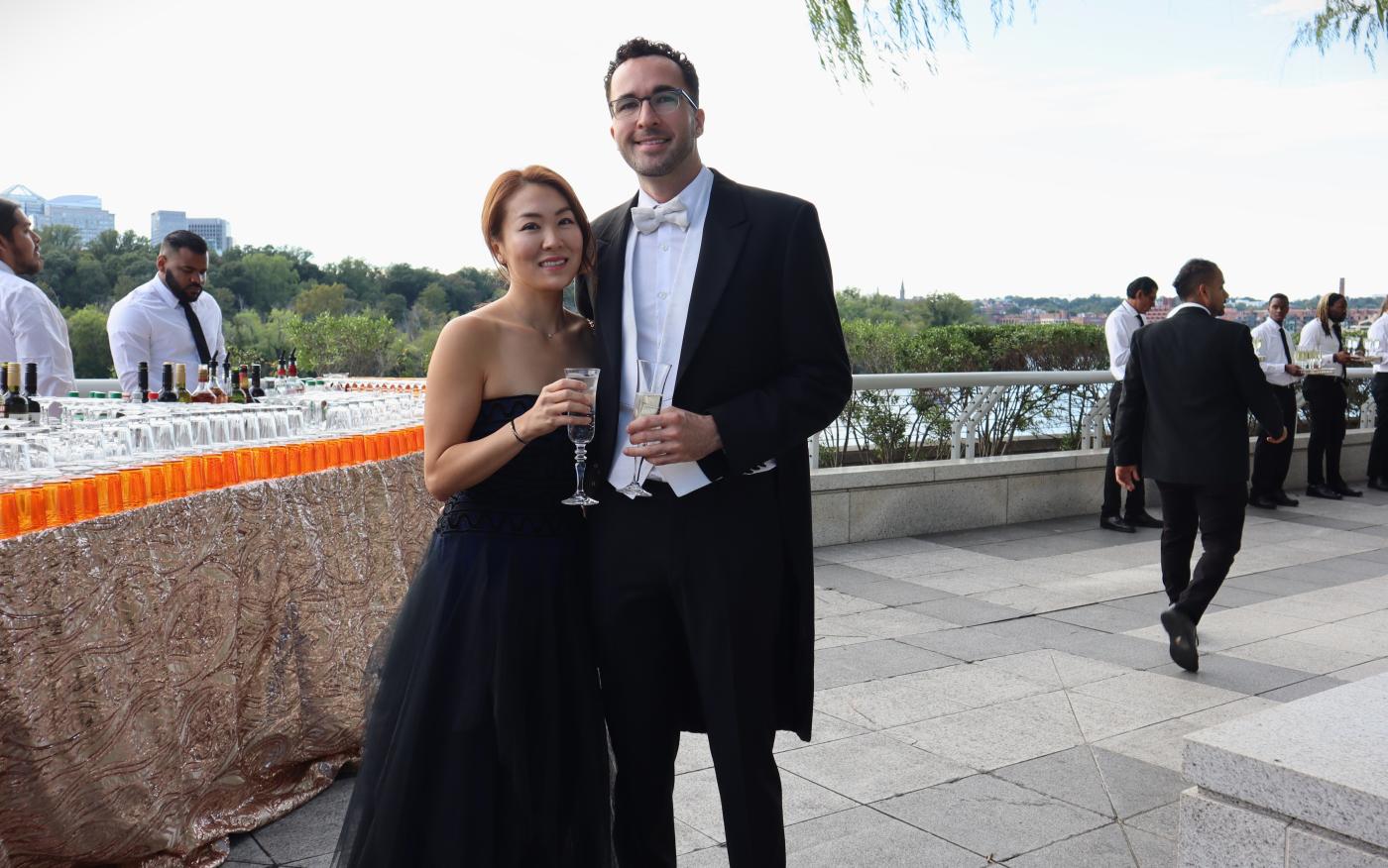 NSO cellists Eugena Chang and Britton Riley dressed for the red carpet