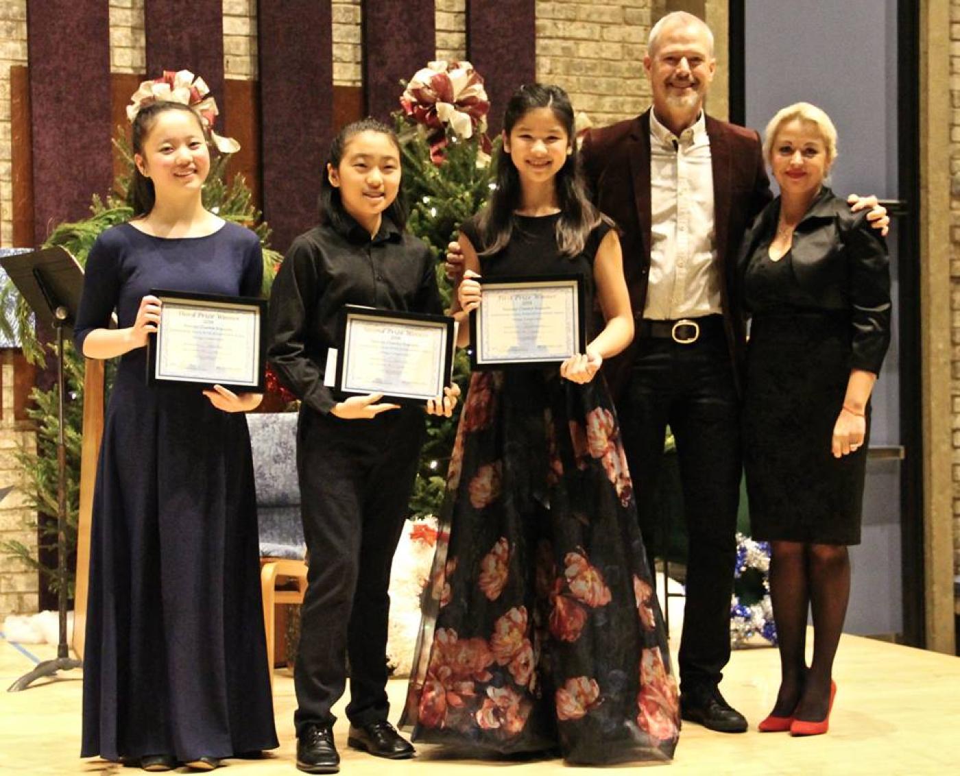 Winners of the 2018 competition: First Prize - Runa Matsushita, violin, Second Prize - Ari Han, violin, and Third Prize - Nicole Fang, cello