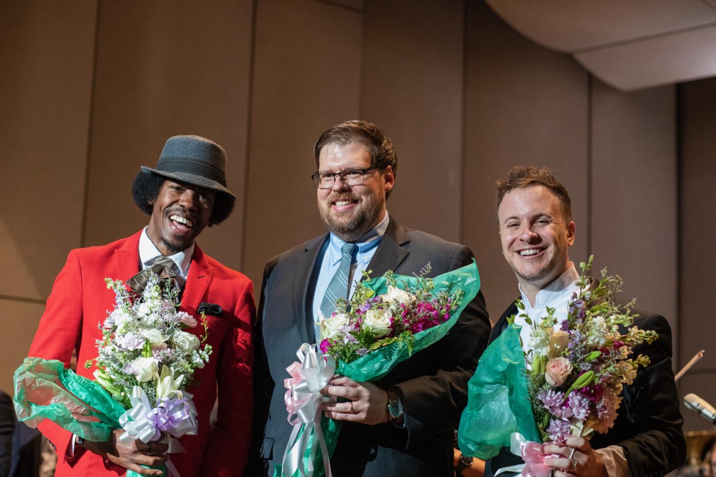 Christylez Bacon, Evan Meier, and Maestro Devlin after the world premiere of Migrations in Rhythm.