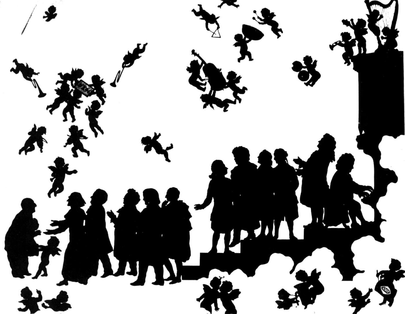 "Anton Bruckner arrives in Heaven". Bruckner is greeted by (from left to right): Liszt, Wagner, Schubert, Schumann, Weber, Mozart, Beethoven, Gluck, Haydn, Handel, Bach. (Silhouette drawing by Otto Böhler)