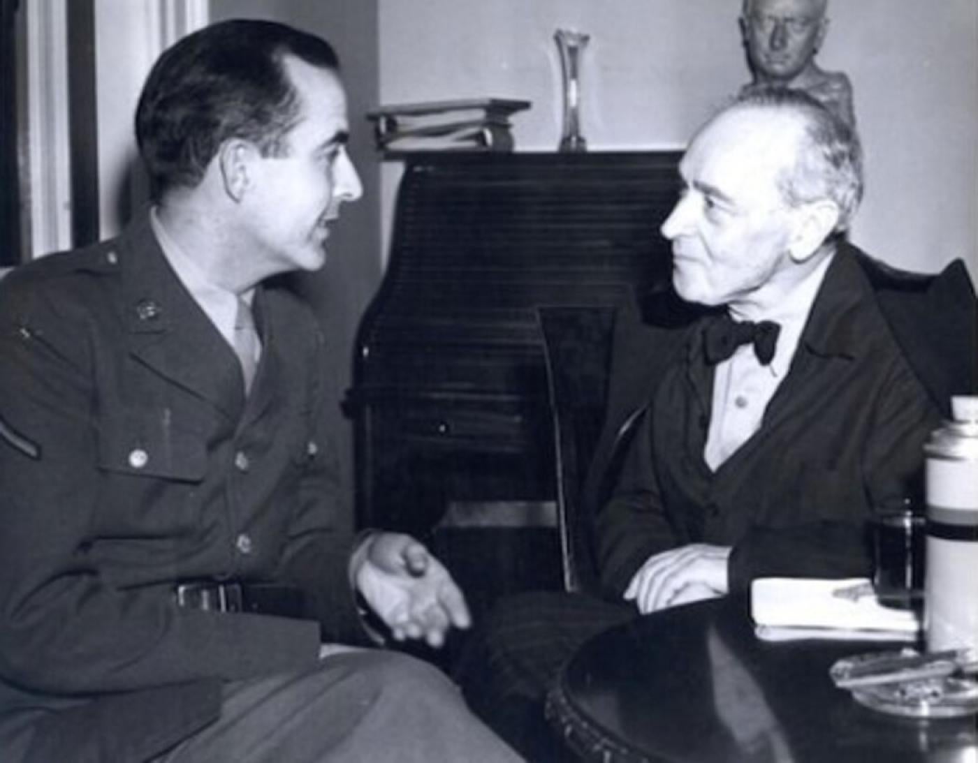 Army Air Forces Cpl. Samuel Barber meets with Boston Symphony conductor Serge Koussevitzky in 1944. The noted American composer dedicated his second symphony to the Army Air Forces. (U.S. Air Force photo/released)